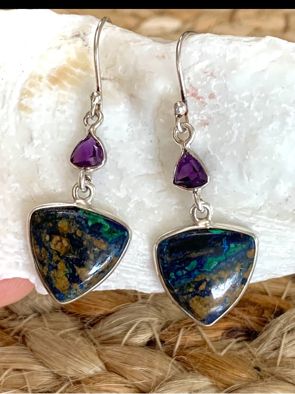 Pietersite Tempest Stone & Amethyst Sterling Silver Earrings